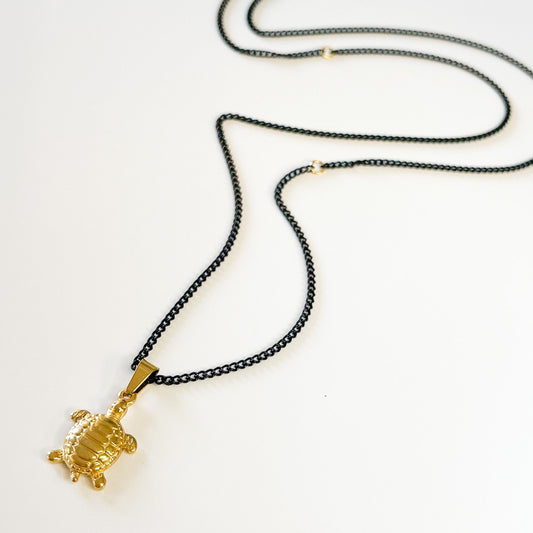 Golden Sea Turtle Black Chain Necklace